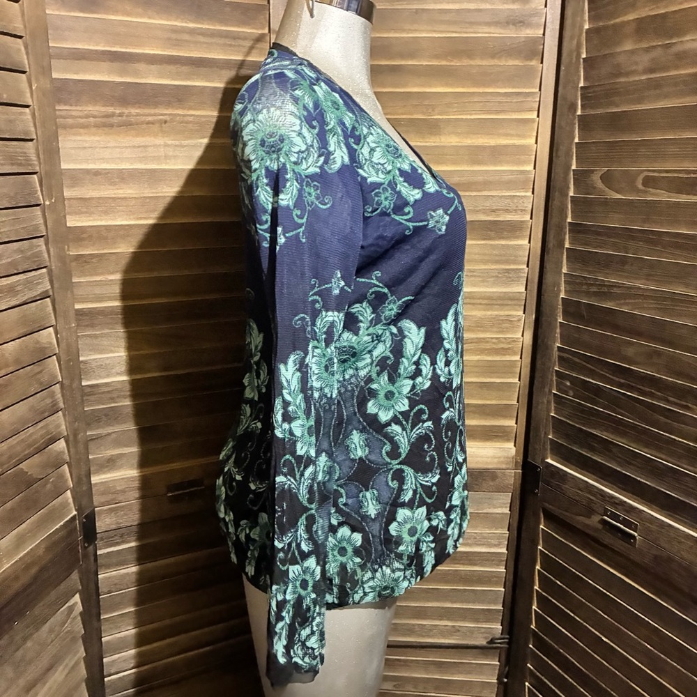 Axcess Floral V-Neck Long Sleeve Top Green/Blue Lace Trim Boho-Chic Size Large - Picture 7 of 9